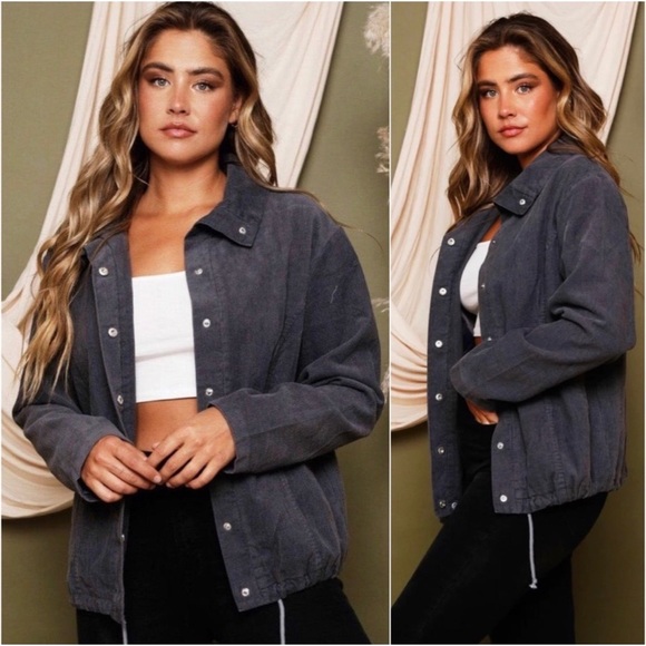 Dark Grey Women’s Corduroy Snap Button Down Fall Cute Trendy Shacket - Picture 2 of 2